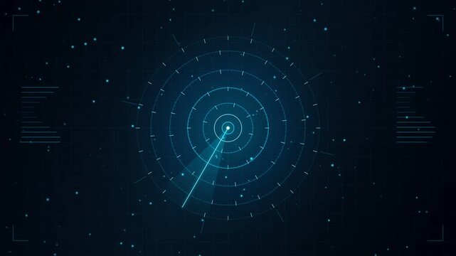Futuristic blue radar interface scanning data points across digital grid in deep space environment with glowing geometric HUD elements and circular sonar waves expanding outward continuously