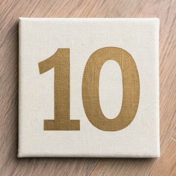 A minimal square displays the number 10 in warm gold color on a cream background, representing a decade achievement and anniversary moment.