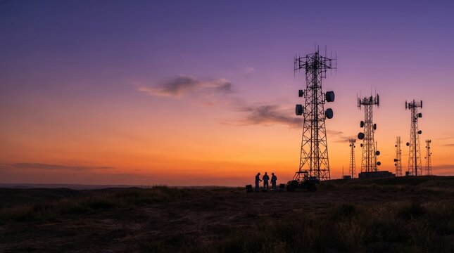 Remote communication towers at sunset with engineers working on site