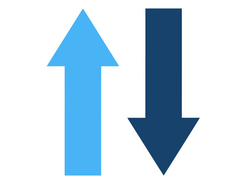 Minimalist up and down arrows icon, light blue and dark blue direction arrows, traffic upload download signal symbol isolated on white background