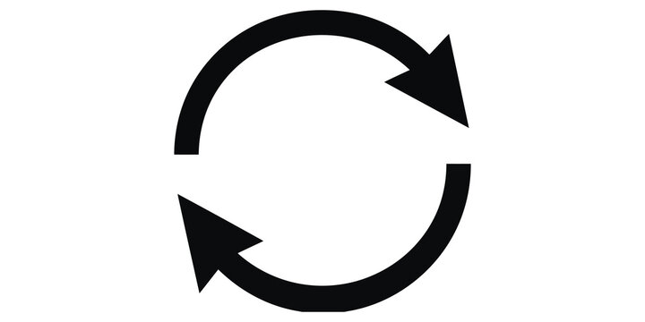 Minimalist circular arrows sync icon, black refresh update symbol, simple repeat cycle web element isolated on white background
