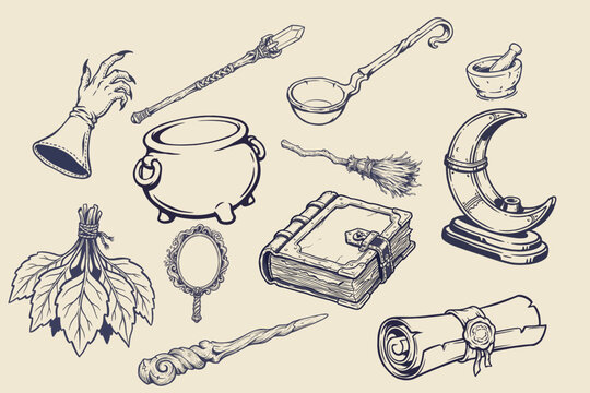 Halloween Witchcraft Tools Magic Cauldrons and Spell Books Vector