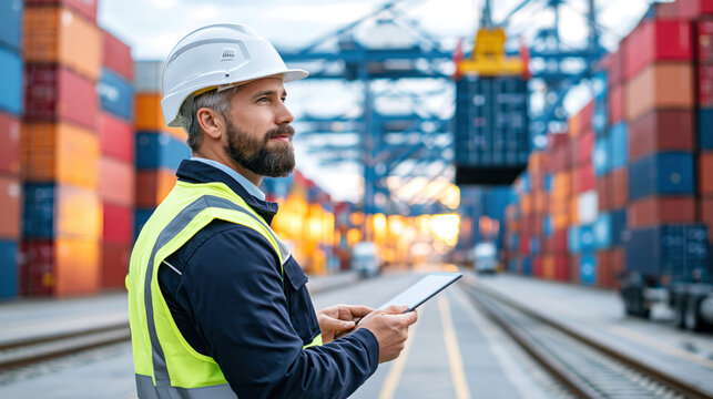 Industrial port supervisor in safety vest and helmet using tablet at container terminal during golden hour, focused and confident