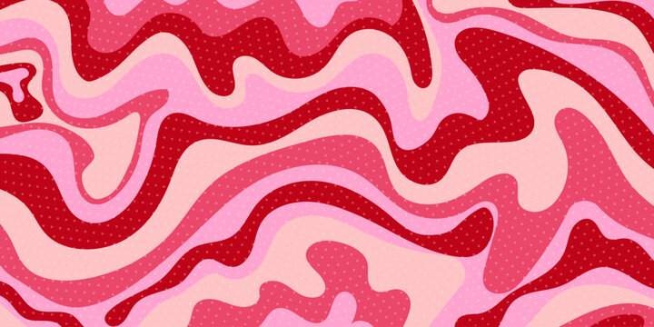 Abstract wavy pink and red liquid background with dotted halftone pattern