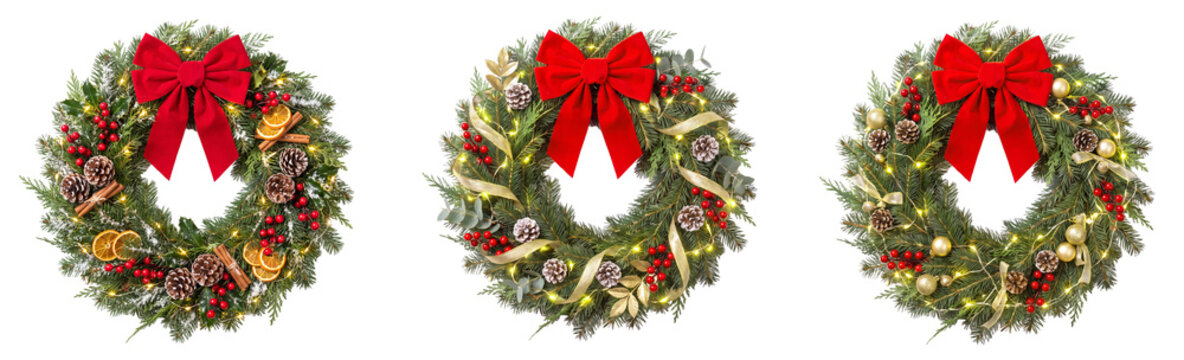 Set of Christmas wreath with red bow and decorations, isolated on transparent background (PNG)