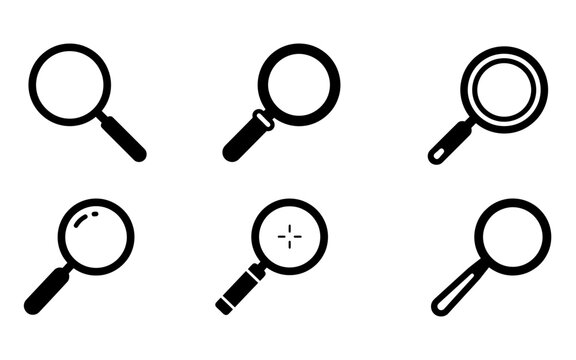 Magnifying glass icon set black vector research symbols for search functionality zoom lens discovery tools and web interface observation analytic design assets.
