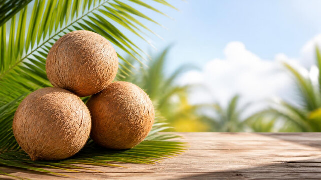 Three coconuts stacked on a palm leaf on a wooden table outdoors