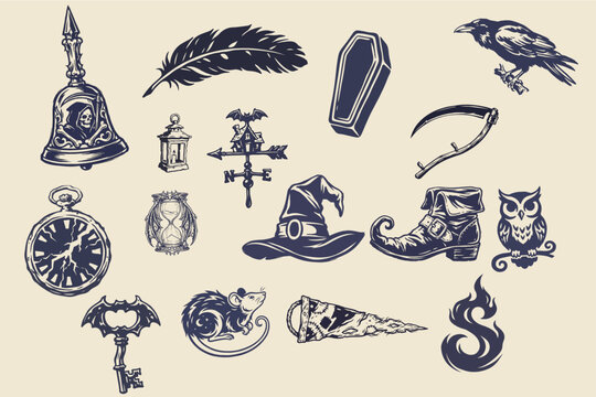Vintage Halloween Witchcraft Objects and Gothic Icons Vector Set
