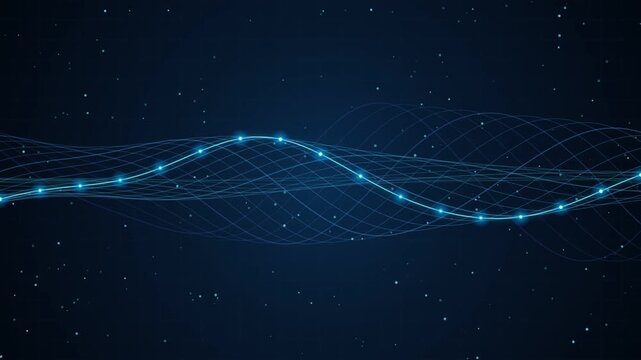 Glowing blue digital wave lines moving across a dark technological background with small particles creating a futuristic cybernetic data flow visual representation for modern communication networks
