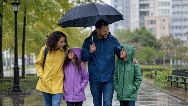 Family of four walking together under an umbrella in the rain, wearing colorful rain jackets, with a city park and buildings visible in the background