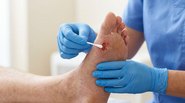 Medical professional in blue gloves treating a deep diabetic foot ulcer on an elderly patient's sole using a cotton swab for essential wound care.