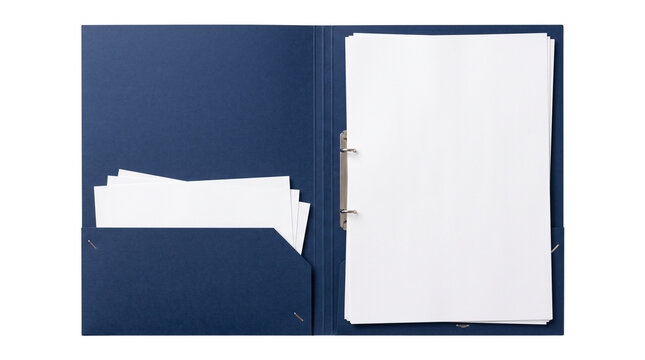 Blue file folder with white papers open and ready for documents