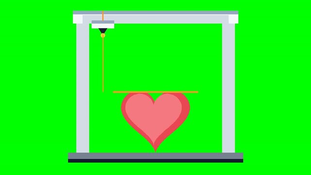 Flat design 3D printer animation printing pink heart, green screen chroma key background, additive manufacturing technology for love and romance.