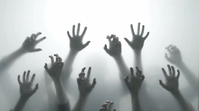 Ghostly zombie hand shadows moving behind translucent white glass