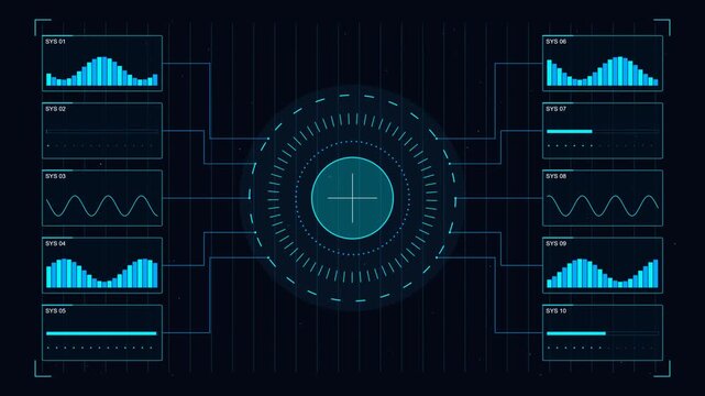 Futuristic hud interface with animated data graphs and digital waveform analysis