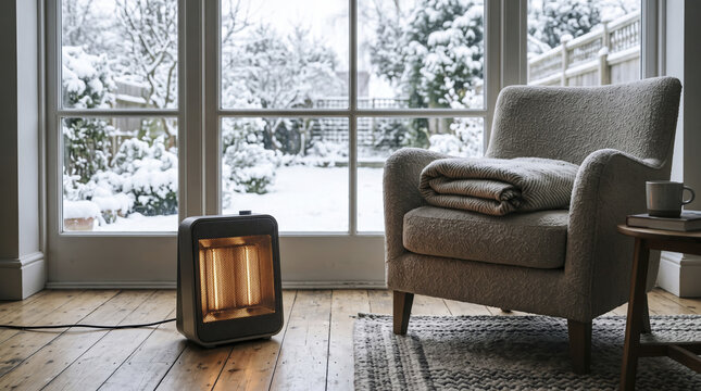 Glowing electric heater warms wooden floor beside comfortable armchair draped with folded wool blanket, bringing cozy indoor comfort while fresh white snow covers garden outside large window.