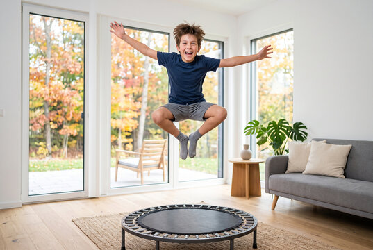Junge springt jubelnd &uuml;ber ein Trampolin im hellen Wohnzimmer