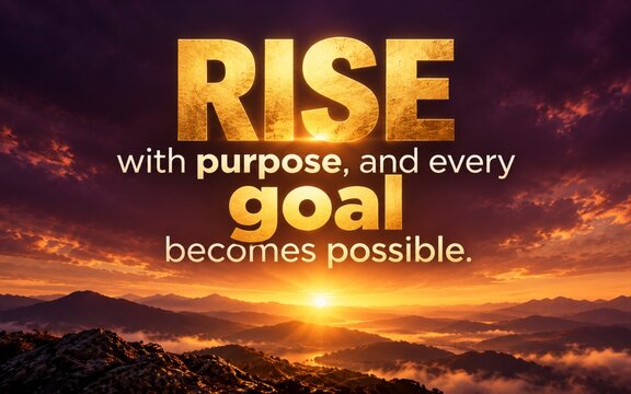 Motivational rise quote in bold golden typography over a dramatic mountain sunrise, inspiring purposeful action, ambition, and confidence in achieving goals.