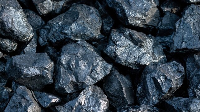 A close-up view of shiny, jagged black coal chunks stacked together. Representing fossil fuels and industrial energy resources for power generation concepts.
