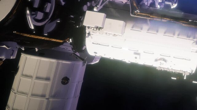 A robotic arm reaches out from a spacecraft, illuminated against the vast blackness of space, showcasing the wonders and technology of modern exploration.