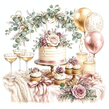 Dessert Table With Cupcakes and Cake Under Eucalyptus Garland