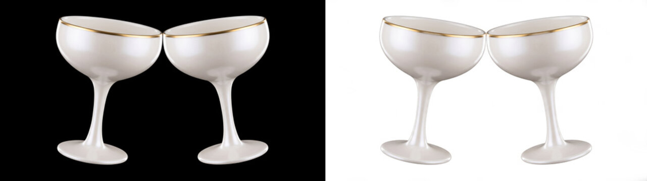 Elegant white coupe glasses with gold rim, a pair of vintage champagne saucers, classic barware for celebrations and luxury events, isolated on black and white backgrounds.