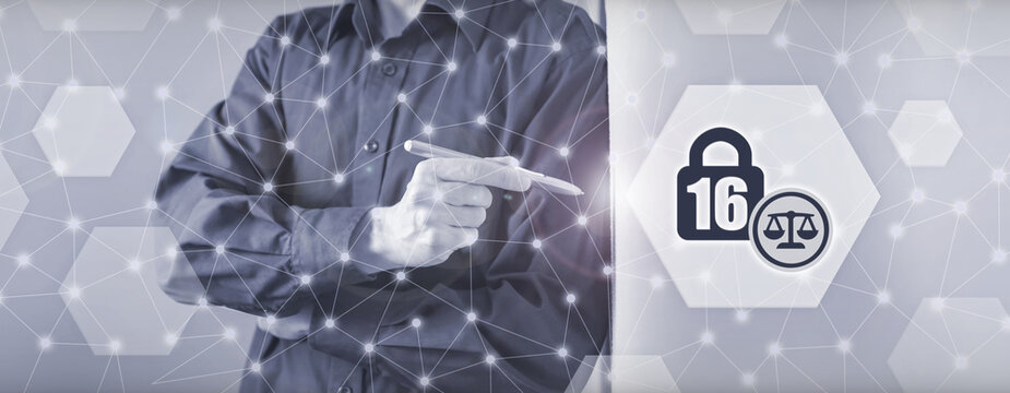 Abstract legal concept illustration featuring a businessman pointing at a padlock and scales icon, representing information security, compliance, data protection, and privacy laws.