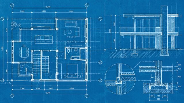Architectural blueprint of a modern house plan showing floor layout, structural details, elevation design, and technical measurements