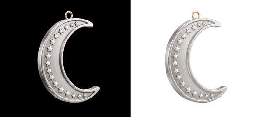 Elegant silver crescent moon charm, a celestial jewelry pendant with embossed stars, isolated on black and white backgrounds, perfect for design elements or spiritual themes. © Haroon