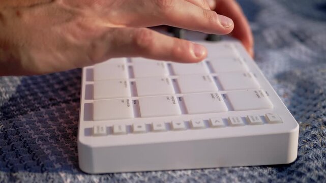 Producer taps rubber pads and tweaks control knobs on a compact MIDI drum machine outdoors. Tactile gear layout suits dynamic sequences in creative audio workflow projects.