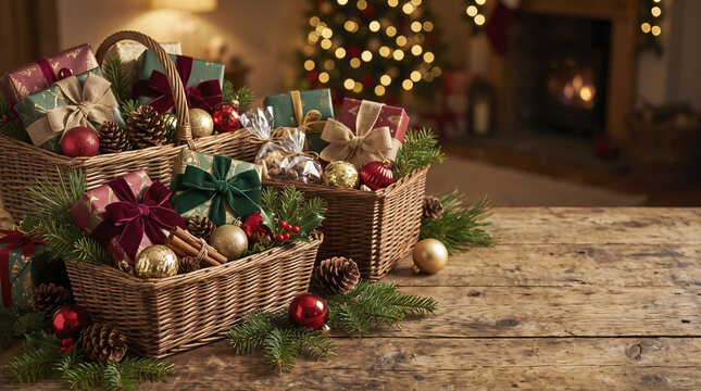 Charming holiday gift baskets stand gracefully decorated on wooden surface, offering delightful festive parcels with glistening Christmas ornaments against warm ambient evening lighting.