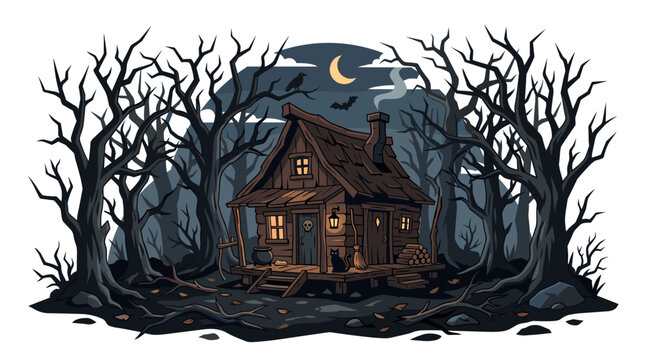 Spooky Halloween Witch's Shack in a Dead Forest with Bare Gnarled Trees, Black Cat, Broomstick, and Crescent Moon, Vector Illustration Isolated on White Background for Seasonal Decor