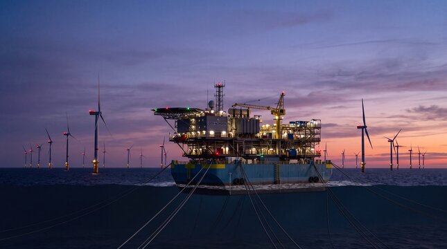 Offshore Floating Substation Platform Moored Among Wind Turbines At Dusk