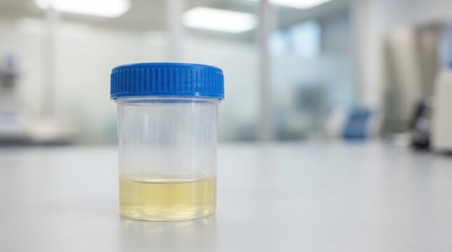 Closeup of Urine Specimen Cup with Blue Screw Cap in Modern Clinical Laboratory Environment