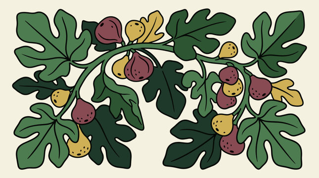 Retro Stylized Botanical Illustration of a Fig Branch with Green Lobed Leaves and Ripe Purple and Yellow Fruits, Vintage Minimalist Flat Art Design on a Cream Background