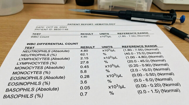 Medical Blood Test Report with Hematology Differential Count Pipette and Pen on Desk
