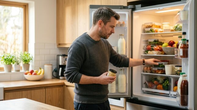 Young Man Checking Fresh Food and Organizing Groceries Inside Open Refrigerator in Bright Modern Home Kitchen