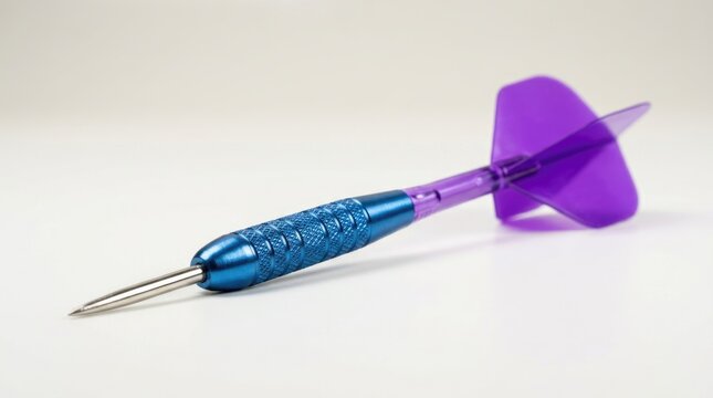 Blue Metal Darts Arrow with Purple Flights Isolated on Clean White Background