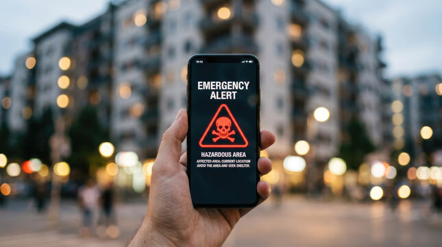 Hand Holding Smartphone Displaying Emergency Alert and Hazardous Area Warning Notification Against Blurred Urban Background