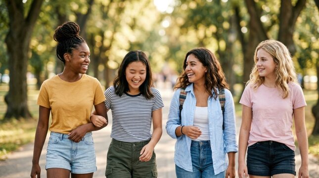 Four Diverse Teenage Female Friends Walking Together and Laughing in Beautiful Sunny Green Park