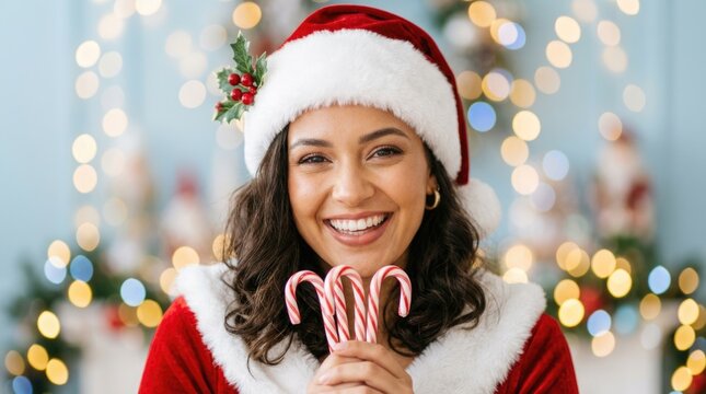 Cheerful Young Woman Wearing Santa Costume Holding Christmas Candy Canes Against Festive Holiday Lights