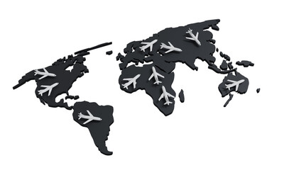 3D world map with multiple airplane icons illustrating global aviation, international travel and flight routes isolated on transparent background © Matrix_3x