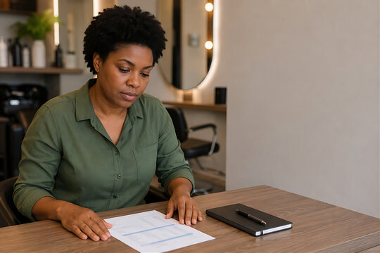 Woman beauty salon professional reviews business paperwork at a wooden desk, organizing records in a modern studio with a mirror and salon chair