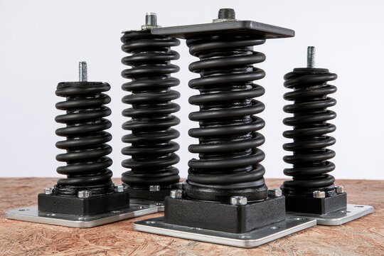 Black industrial spring isolators under practical working light