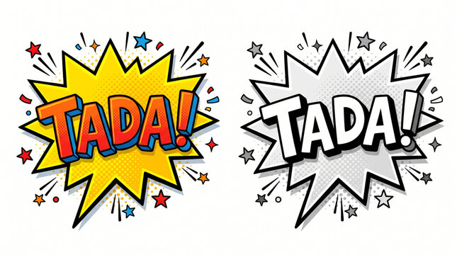 Yellow TADA Speech Bubble Color and Black White Vector Illustration Set