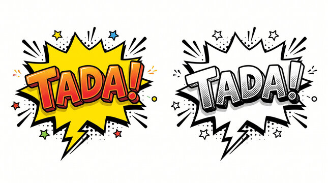 Yellow TADA Speech Bubble Color and Black White Vector Illustration Set
