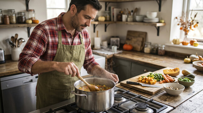 Bearded man carefully stirs vegetable soup boiling on stove top in rustic kitchen. Attentive cook holds wooden spoon over simmering broth, surrounded by bowls of fresh autumn vegetables.