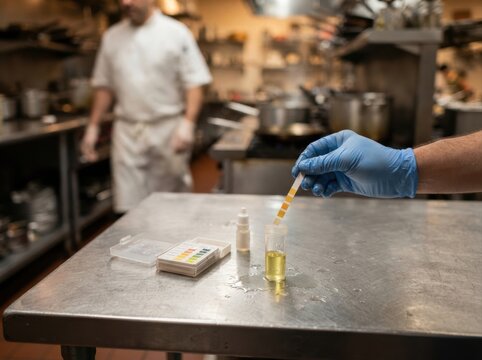 restaurant sanitizer concentration test closeup Person wearing blue gloves testing liquid from a vial in a kitchen setting.