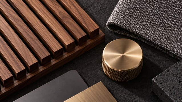 Industrial audio design flat lay with slatted walnut acoustic panel and knurled brass knob