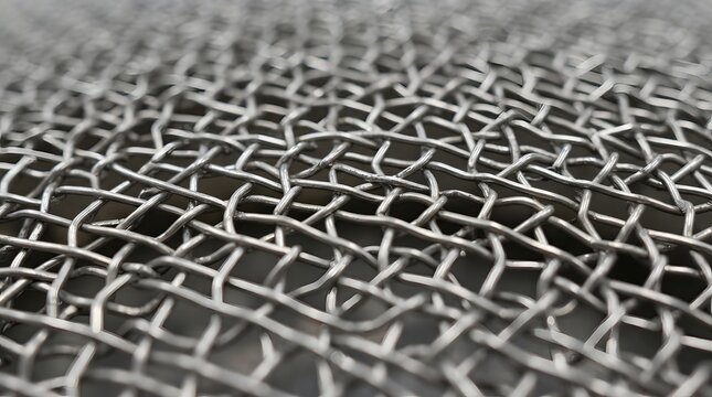 Close-up macro shot of woven metal wire mesh texture, industrial steel net pattern